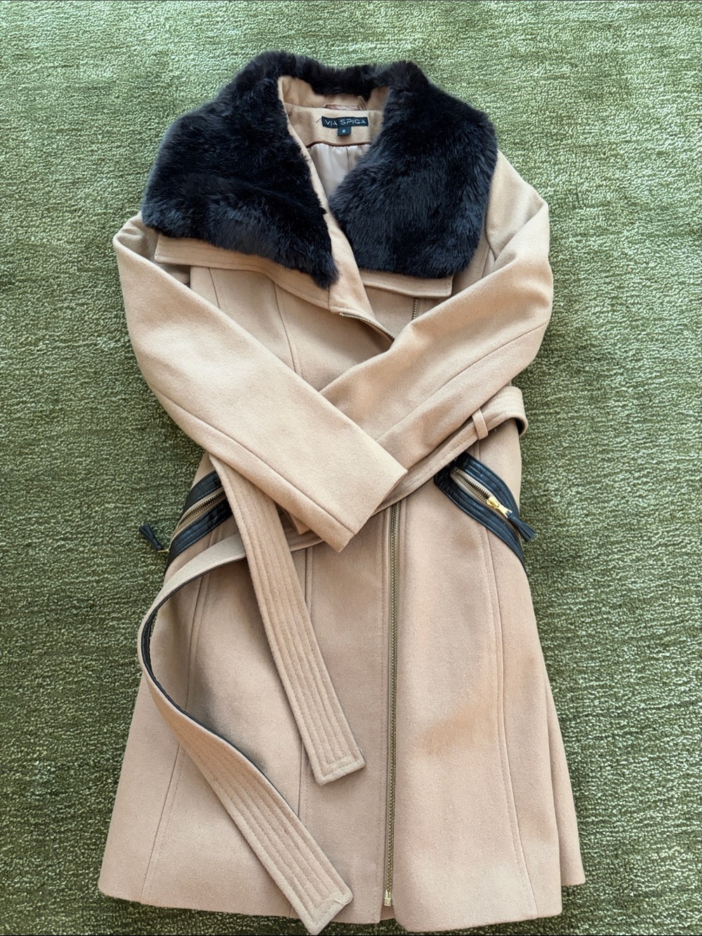 Winter Camel peaCoat with brown Faux Fur Collar and brown leather details